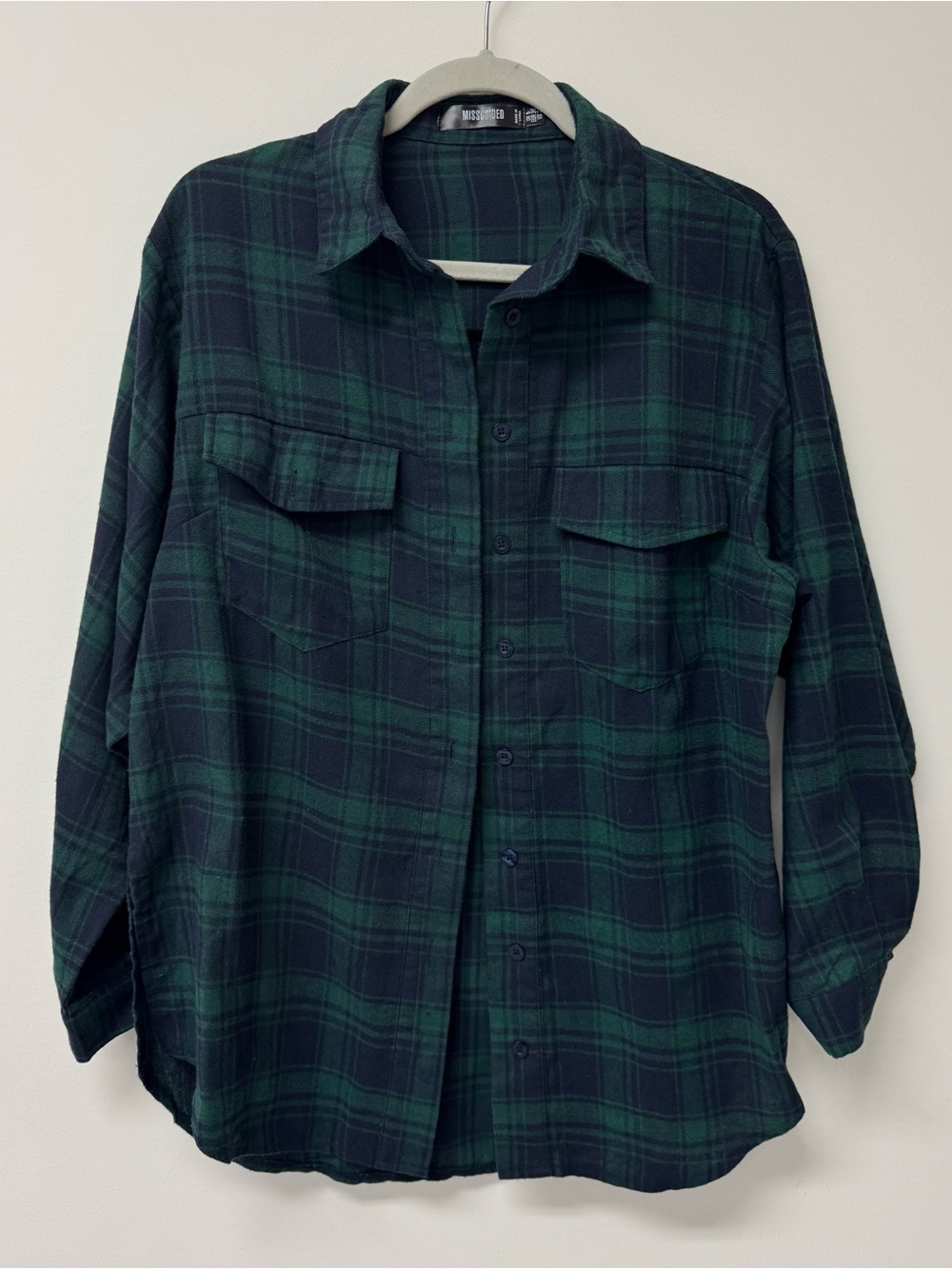 Missguided Oversized Green Plaid Button Down Flannel Shirt, Size 2